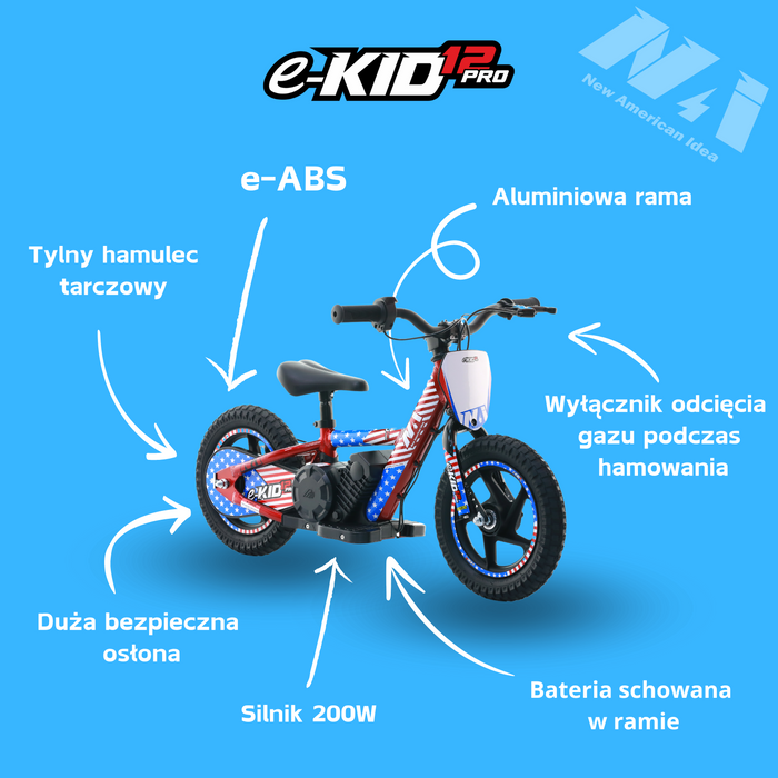 NAI e-KID 12 PRO motocykl elektryczny balansowy dla dzieci, koła 12" z E-ABS