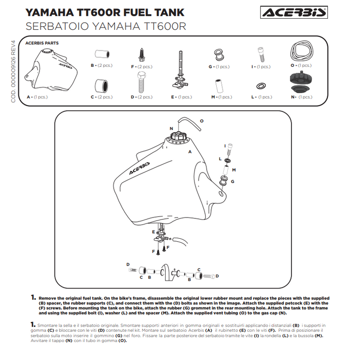 Acerbis Tank 20L Yamaha 600R 1998 1999 2000 2001 2002 2003 2004