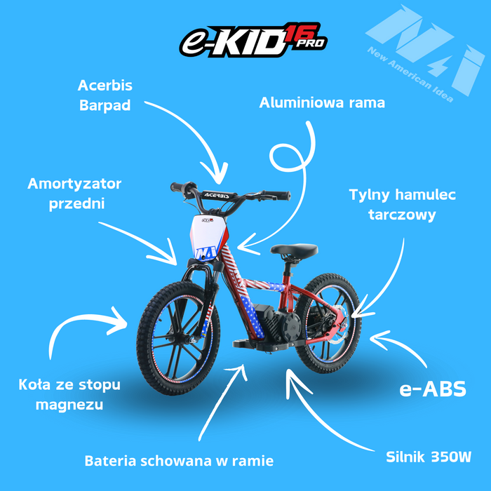 NAI e-KID 16 PRO motocykl elektryczny balansowy dla dzieci, koła 16" z E-ABS
